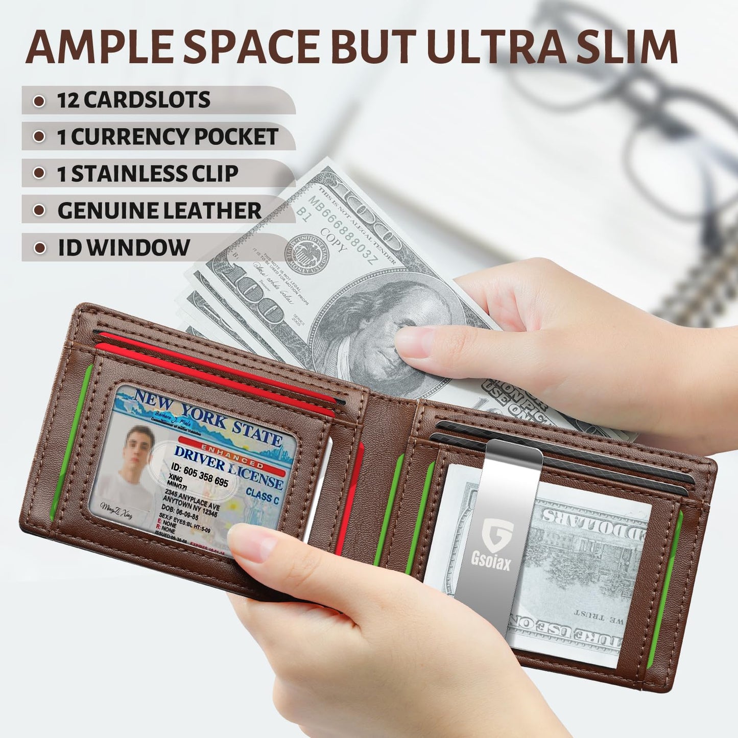 GSOIAX Slim Leather RFID Bifold Wallet for Men Minimalist Front Pocket Wallet with Money Clip,12 Card Slots,ID Window,Cool Groove Design,Includes Gift Box (Leather Brown)