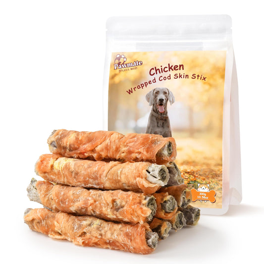 Pawmate Dog Treats Chicken Wrapped Cod Fish Skin Sticks, Healthy High Protein Omega3 Cod Twist Dog Chews Real Chicken Wrap Teeth Cleaning for Large Medium Small Breeds, 10.6 oz
