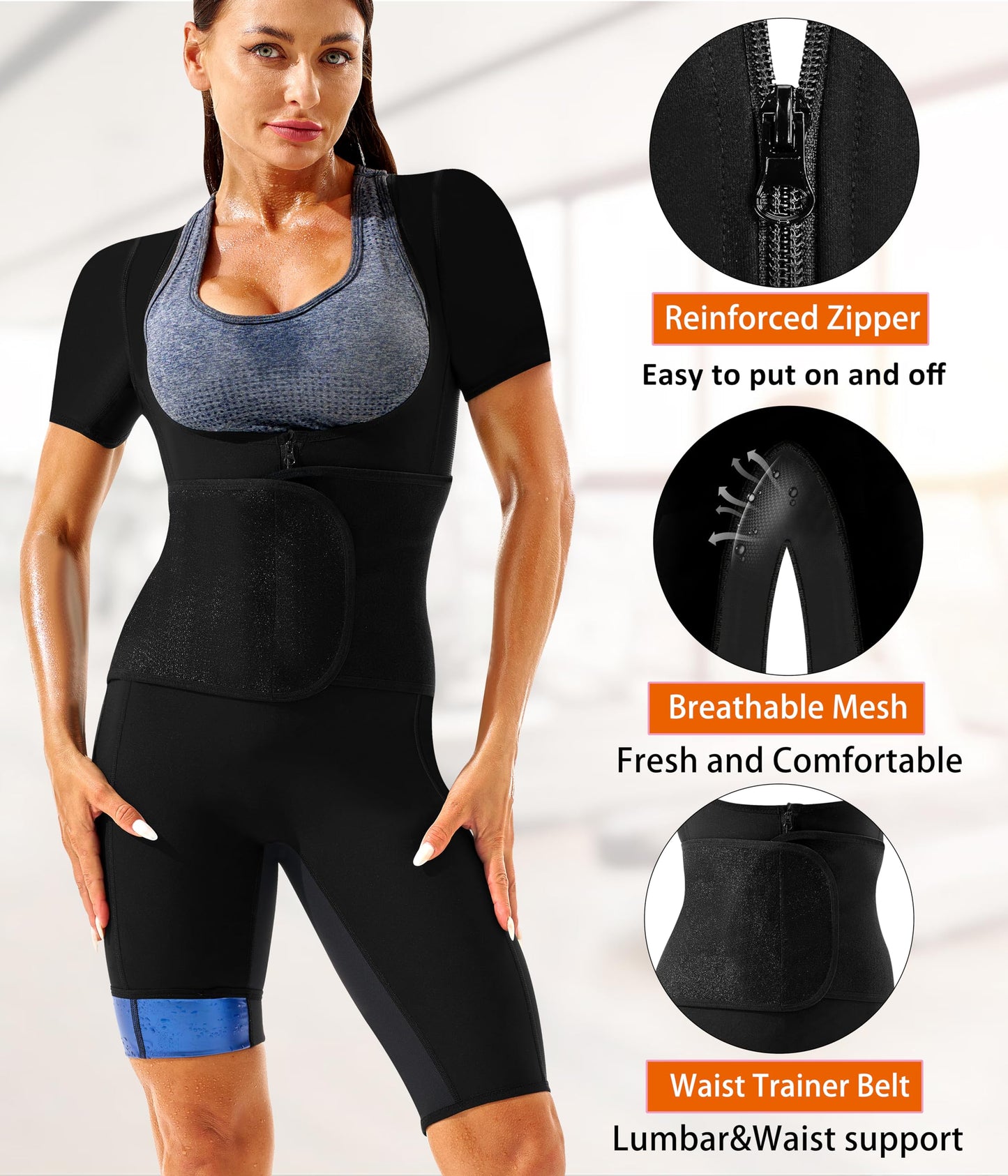 LMCOB Sauna Suit for Women Sweat Suit Waist Trainer for Weight Loss 4 IN 1 Slimming Full Body Shaper Sauna Jumpsuit Workout Vest with Shorts(BH70013-01-M)