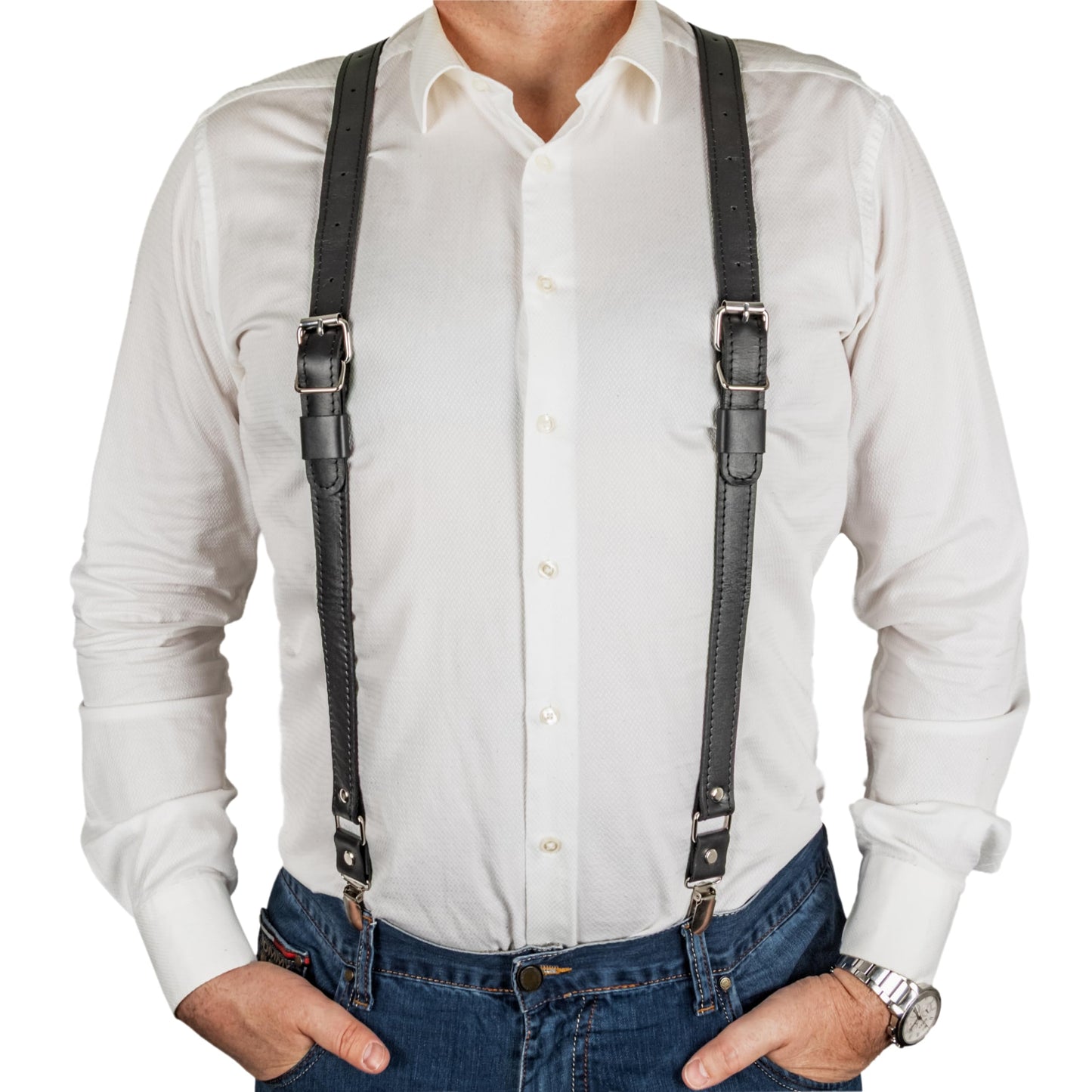 GE MARK Leather Suspenders for Men and Women, Wedding and Gift Accessory (Black)