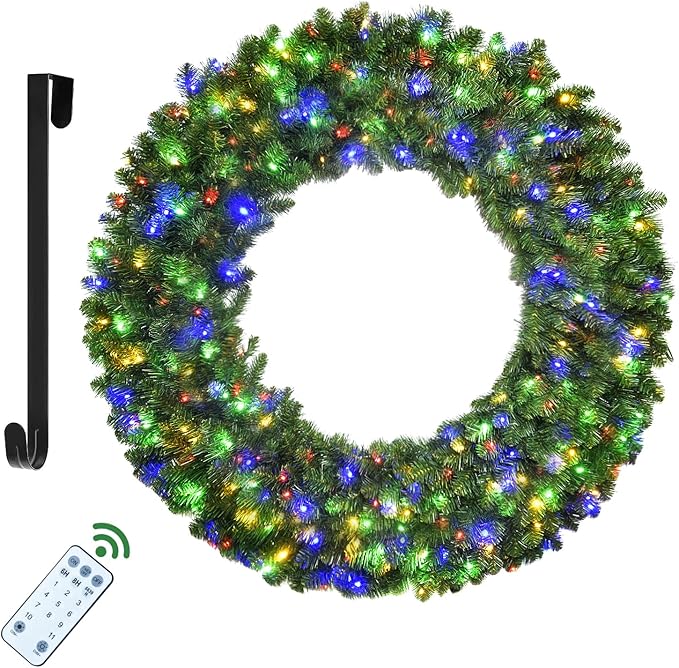 HOYECHI 72in Pre-Lit Christmas Wreath - with 360 Colorful LED Lights, 1160 PVC Tips, Timer, Remote & Hook, Large Outdoor Holiday Decor for Front Door, Wall, Garage, Power Plug-in