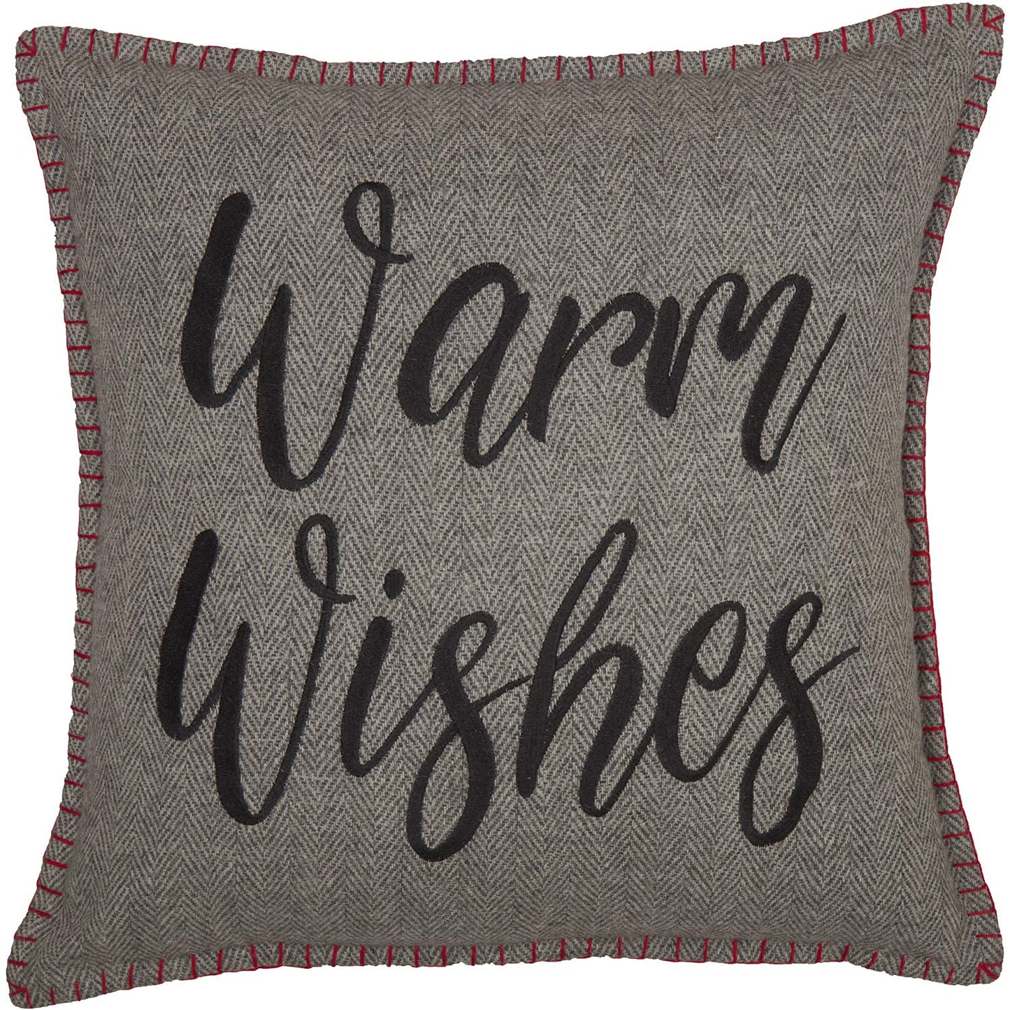 VHC Brands Anderson Warm Wishes Text Textured Felt Rustic Christmas Decor Embroidered Whipstitch Square 18x18 Filled Pillow, Cherry Red