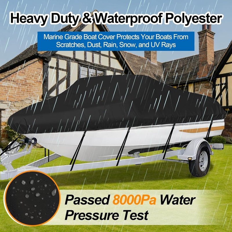 Trailerable Boat Cover - Heavy Duty Waterproof Tarp for V-Hull & Fishing Boats | Fits 14'-16' Length, 68" Width