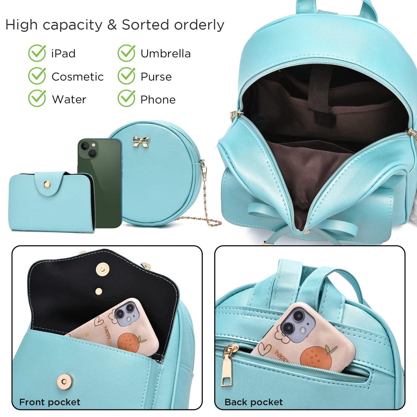 I IHAYNER Girls Bowknot 3-Pieces Fahsion Leather Backpack Backpack Purse for Women Rucksack for Ladies Shoulder Bag Pearl Blue