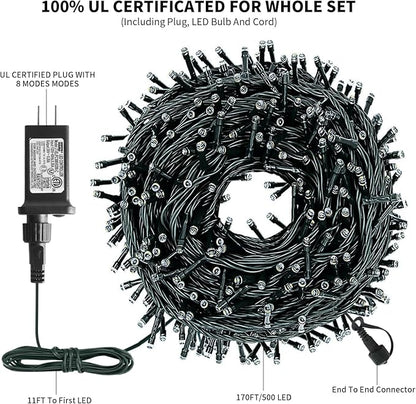 XTF2015 170FT 500 LED Christmas String Lights, Christmas Lights End to End Plug 8 Modes Memory Function with Timer, UL Certified Outdoor Indoor Fairy Light Christmas Tree, Patio, Party (Warm White)