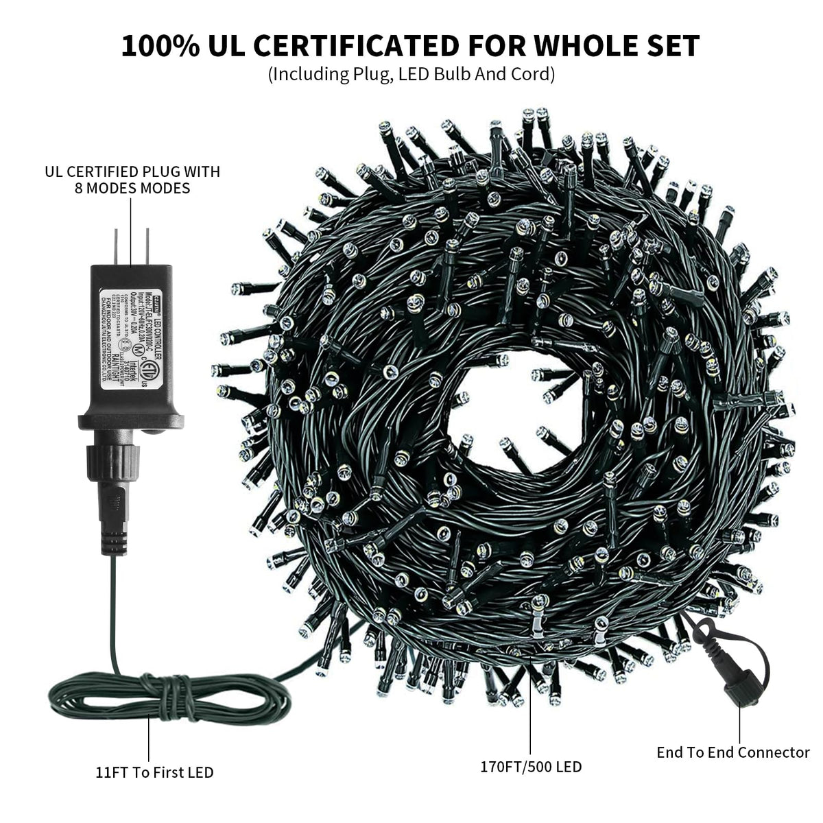 XTF2015 170FT 500 LED Christmas String Lights, Christmas Lights End to End Plug 8 Modes Memory Function with Timer, UL Certified Outdoor Indoor Fairy Light Christmas Tree, Patio, Party (Warm White)