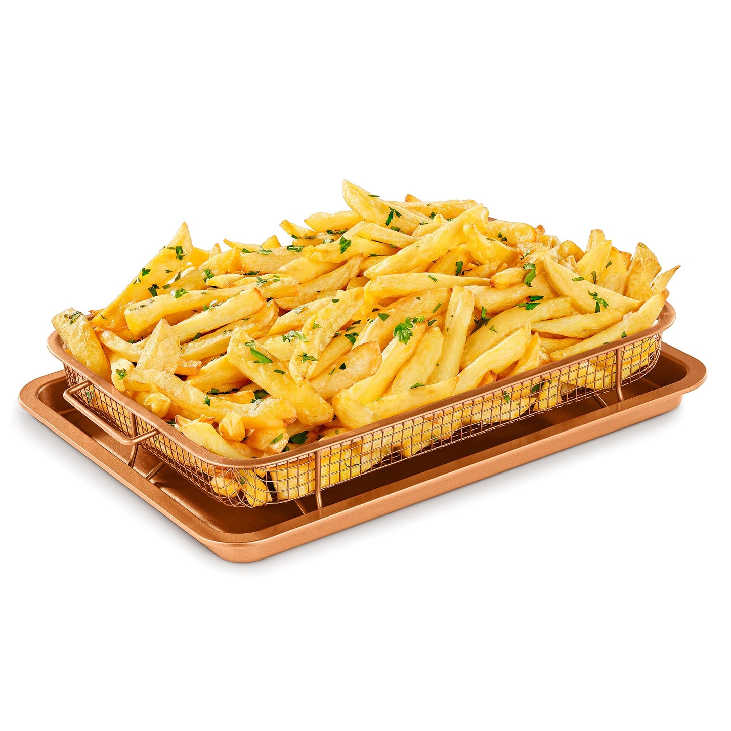 Bakken- Swiss Air Fryer Tray Basket w/Elevated Mesh Great For Oven, For Baking & Crispy Foods, Dishwasher Safe,PTFE/PFOA/PFOS FREE Extra-large 9.5/''x13/'',Copper