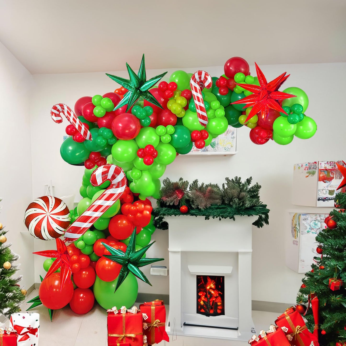 kozee Christmas Balloon Garland Arch Kit140+pcs Xmas Red Green Balloons with candy cane Christmas tree gift box Balloons for Kids Grinchmas Party Naughty Christmas Birthday Decorations