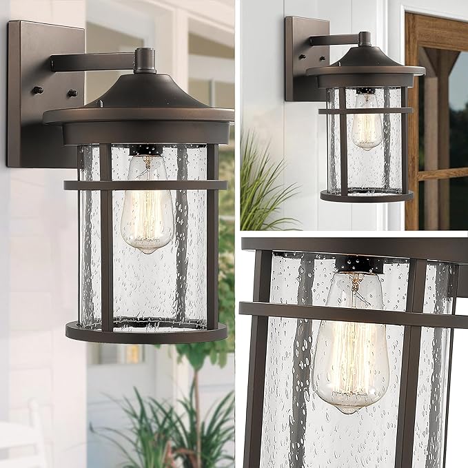 Bestshared Outdoor Wall Mount Light Fixture, Large Exterior Porch Wall Lantern, Outdoor Wall Light with Seeded Glass Shade (Oil Rubbed Bronze, 14" Height)