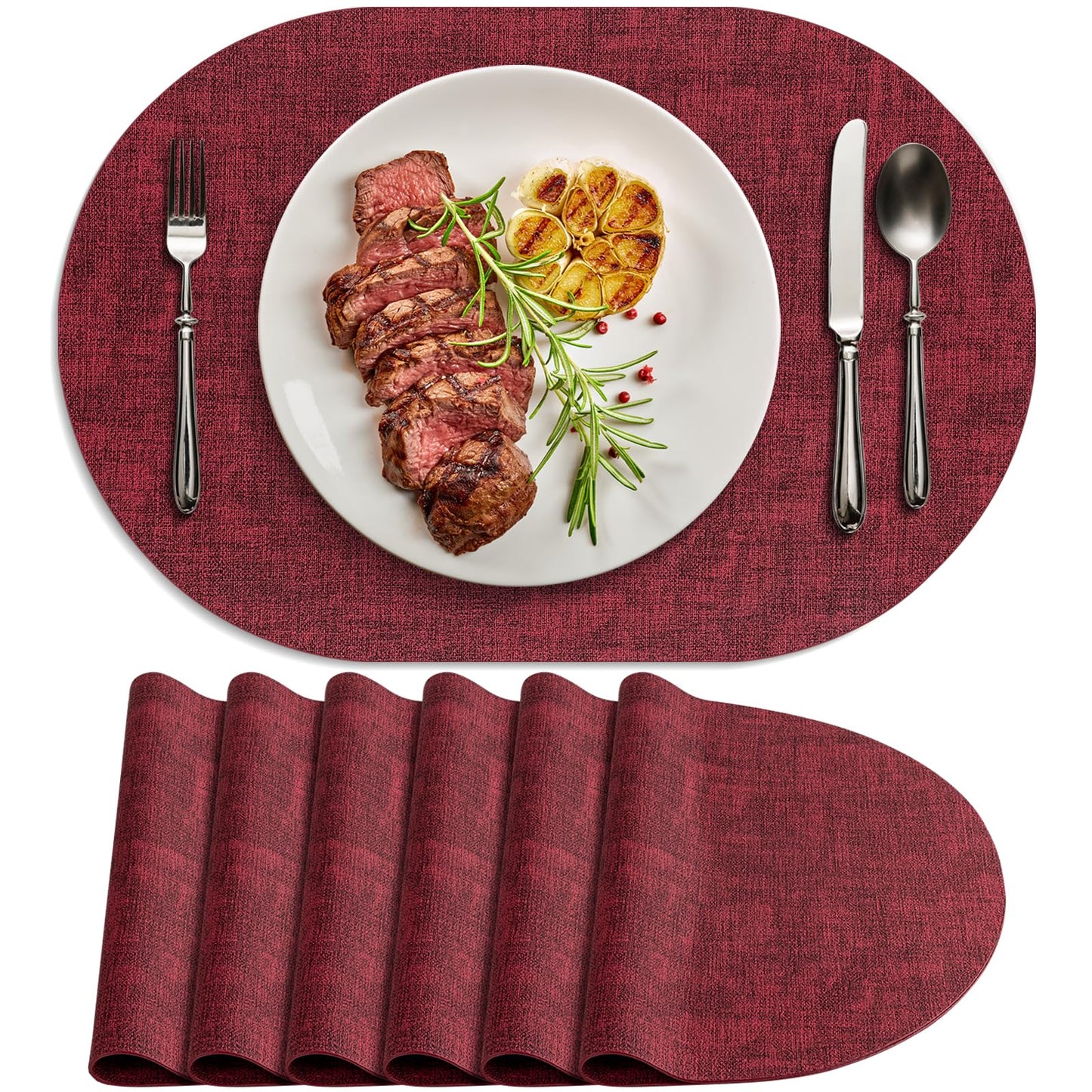BARTHKIT Placemats for Dining Table Set of 6 Non-Slip, Heat Resistant Oval Leather Placemat Double Layer, Waterproof Table Mats Easy to Clean for Kitchen Dining Room Coffee Office Table, Wine Red