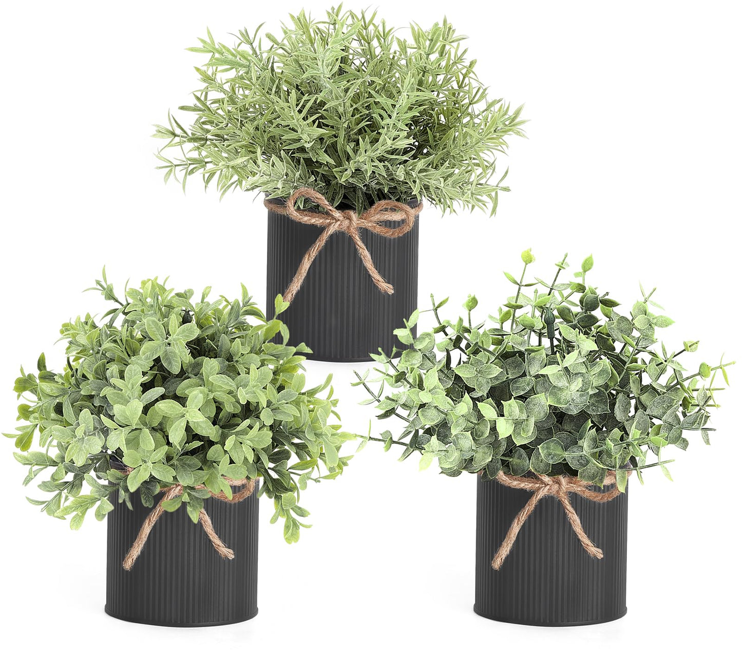 Mkono 3 Pack Small Fake Plants in Black Galvanized Metal Pots Artificial Eucalyptus Plants for Christmas Decorations Shelf Desk Home Farmhouse Room Coffee Table Bathroom Decor