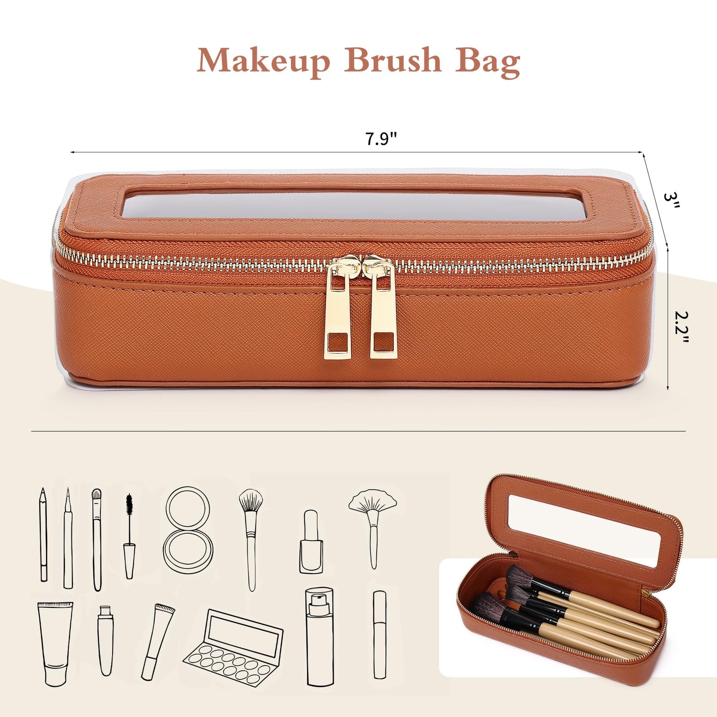LOFOWN Makeup Brush Bag Slim Clear Makeup Bag Travel Cosmetic Case and Brush Holder Waterproof Toiletry Makeup Bag with Zipper Purse Organizer for Women (Brown, Slim)