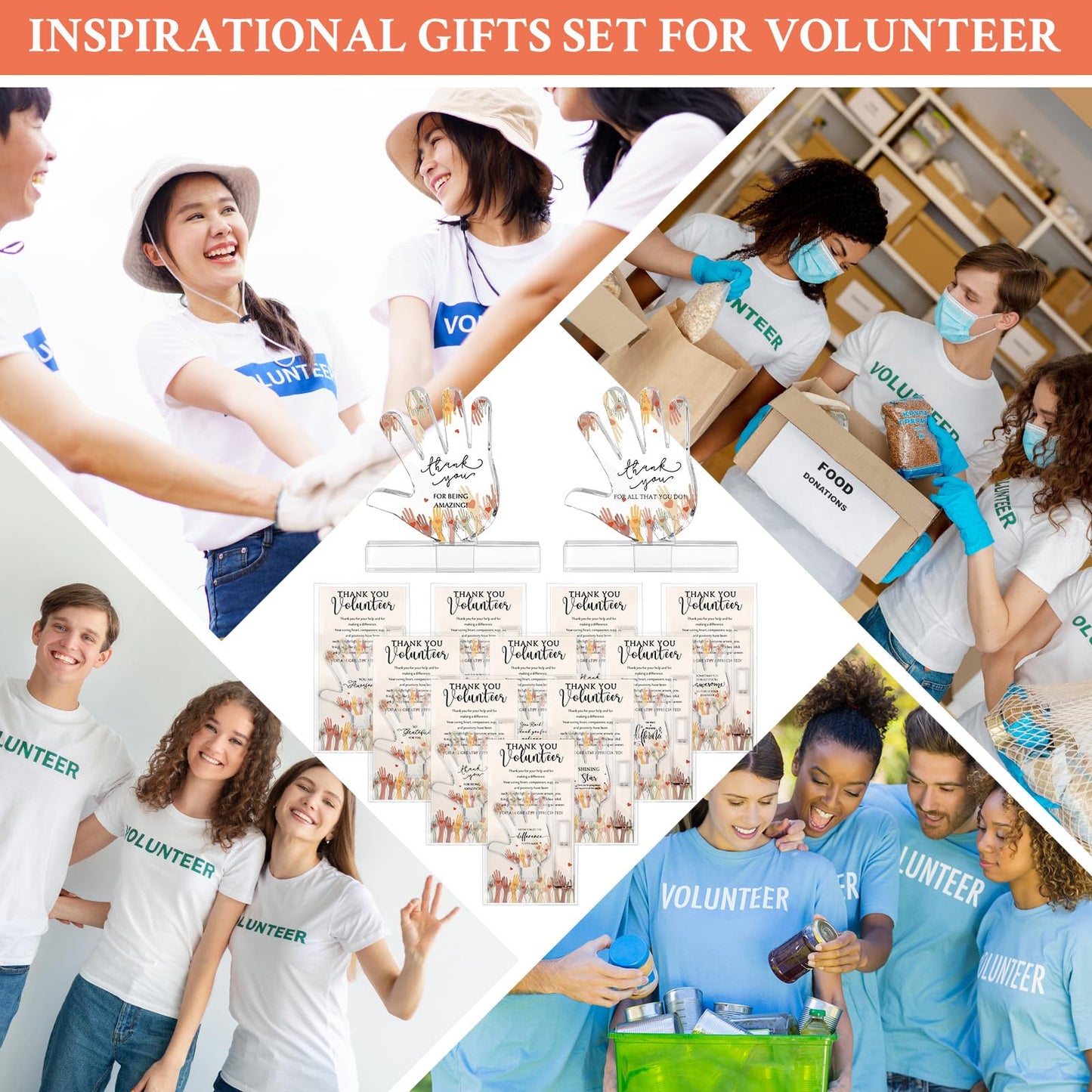 Juinte 10 Sets Volunteer Appreciation Gifts 10 Styles Acrylic Desk Sign with Thank You Cards for Volunteer Week Christmas Recognition Gifts Hand Shaped Plaques Desk Decor Accessories