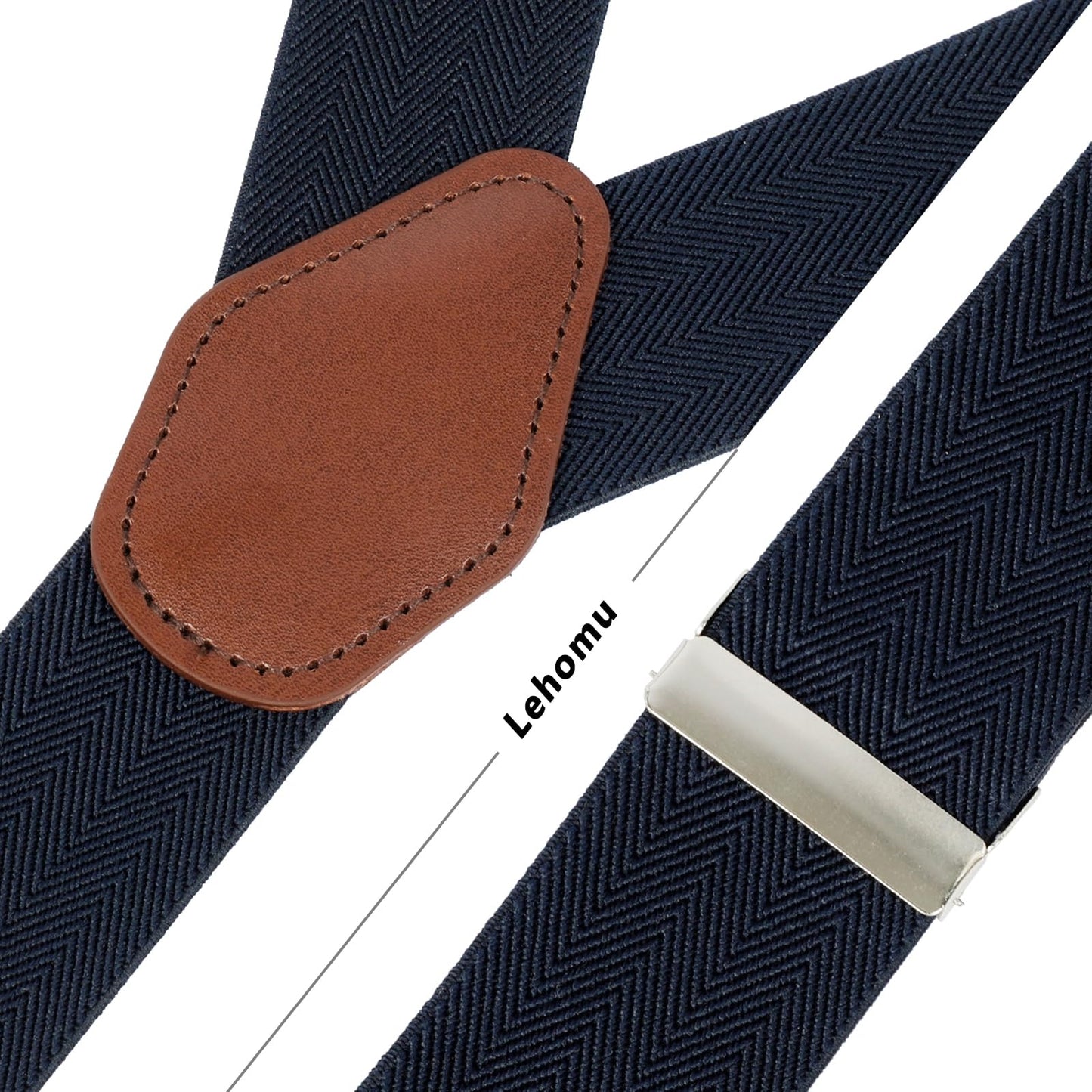 LEHOMU Men Suspenders Adjustable,1.4 Inch Wide Heavy Duty Y-Back Elastic Tuxedo Elastic Mens Suspenders with Leather Buttons and 3 Metal Clips,Dark Blue
