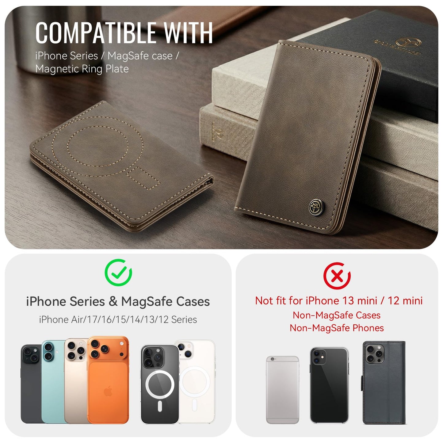 XIMAND Magnetic Wallet Card Holder with RFID Protection, PU Leather Slim Wallet, Strong Magnet Attachment for iPhone 18/17/16/15/14/13/12 Series Pro Max Plus Mini-Brown