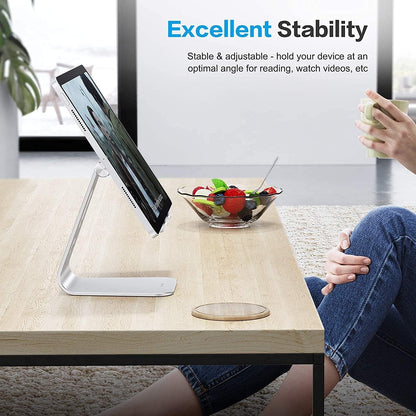 OMOTON Adjustable Tablet Stand for Desk, Upgraded Longer Arms for Greater Stability, T2 Tablet Holder with Hollow Design for Bigger Sized Phones and Tablets Such as iPad Pro/Air/Mini, Silver