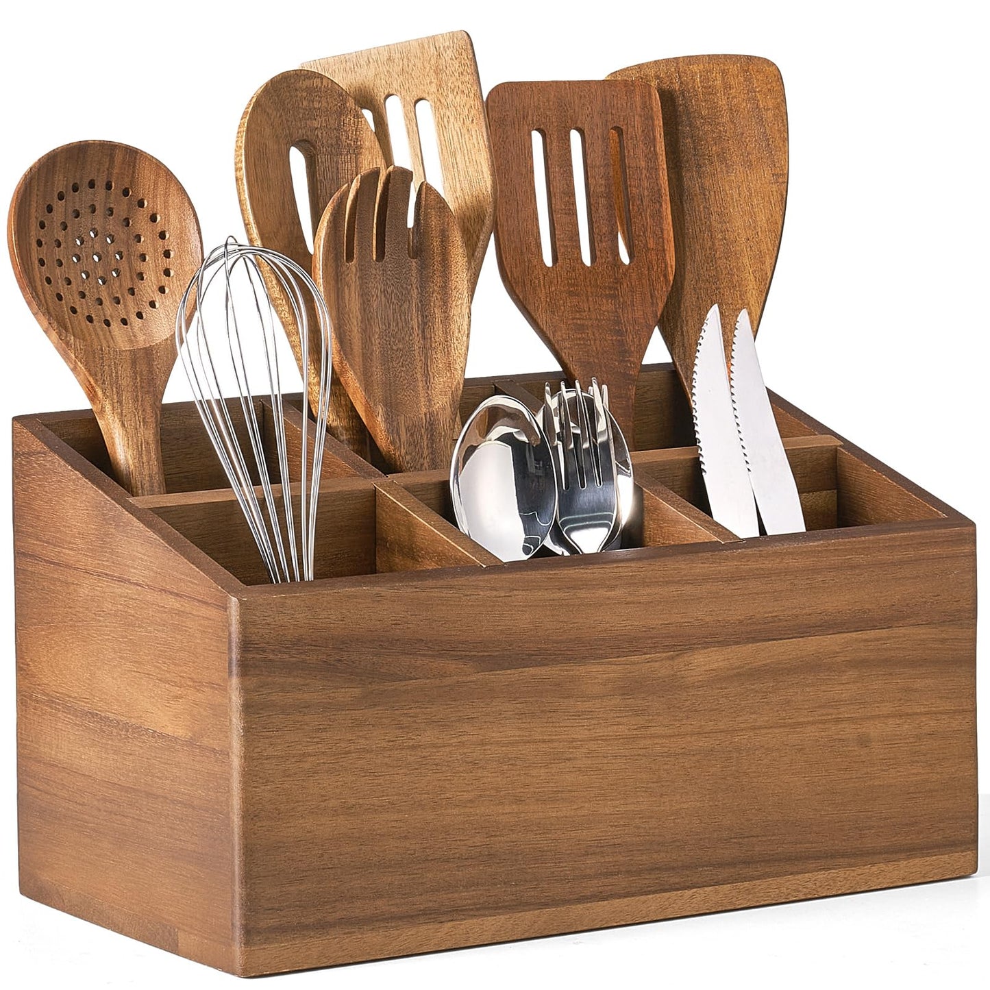 ONEARF Wooden Utensil Holder Counter, Kitchen Utensil Organizer Large 6 Compartment Cooking Utensils Holder, Acacia Rustic Wood Farmhouse Storage Container Crocks for Silverware and Cooker Set