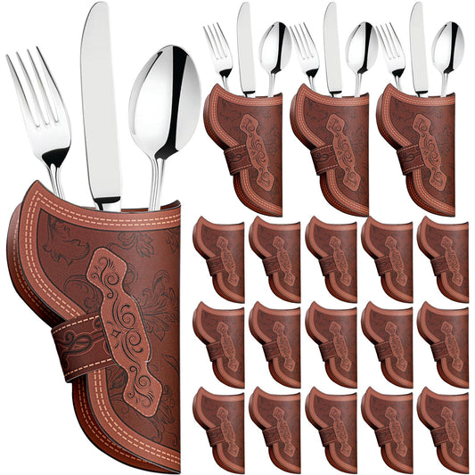 Newtay 36 Pcs Cowboy Holster Silverware Holders Cardstock Western Party Tableware Supplies Cutlery Sleeve Knife and Fork Holder Vintage Utensil Holders for Western Rodeo Party Favors (Brown)