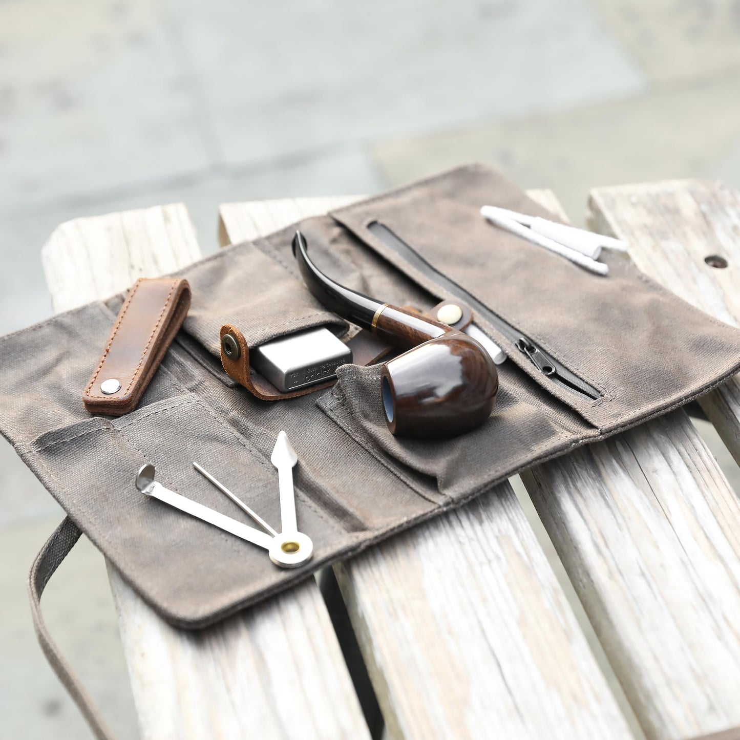 Whitluck's Waxed Canvas Tobacco Smoking Pipe Pouch with Leather Pipe Stand, Travel Pipe Case Bag for 2 Pipes and Other Accessories