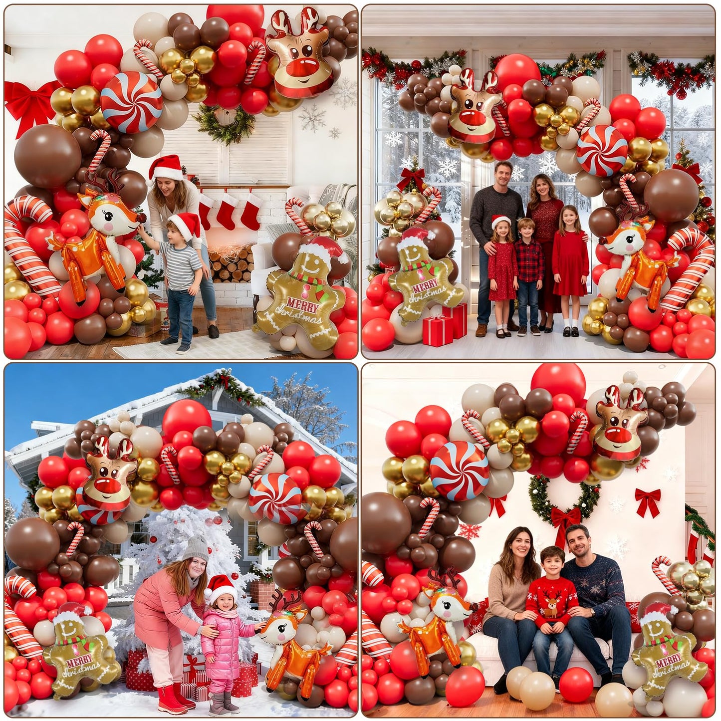 Bonropin 173pcs Christmas Balloon Garland Arch Kit Red Brown Sand White Gold Balloons with Gingerbread Moose Elk Deer Candy Cane Foil Balloon for Christmas Woodland Party Xmas Winter Party Decorations