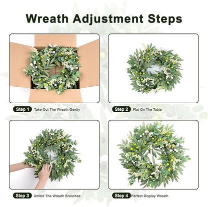 Door Wreath Green Eucalyptus for Front Door Wreaths Spring Summer Olive Wreath Artificial Leaves Mixed Berry Wreaths for All Season Home Farmhouse Porch Year Round Outdoor Wall Decorating,18-20 Inch