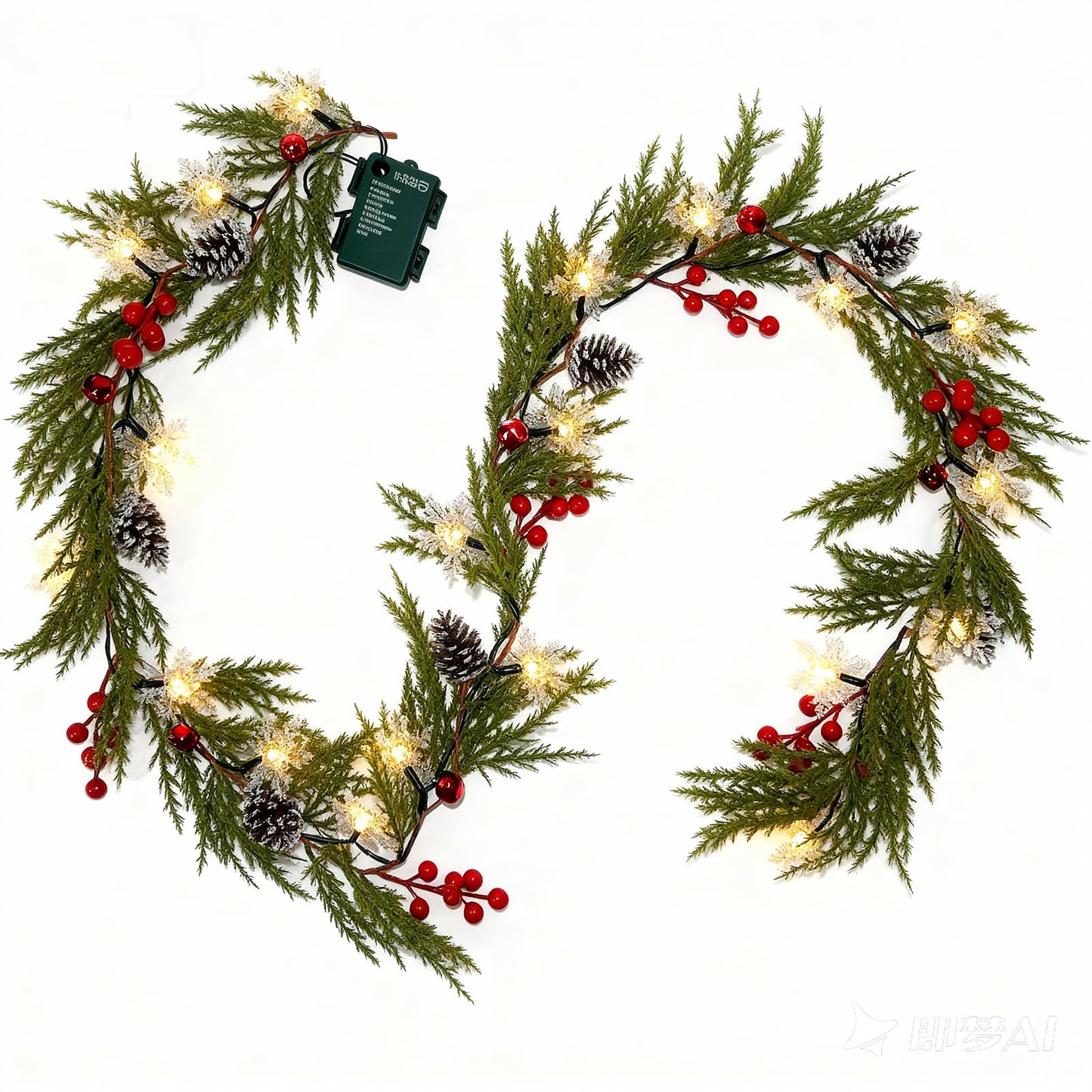 Christmas Garland Lights 6.56FT 20 Snow LED Pine Garland with Lights Battery Operated with Bells Red Berries Pinecones Cypress Greenery Garlands Decoration for Xmas Tree Mantle Door Stairs Home Decor