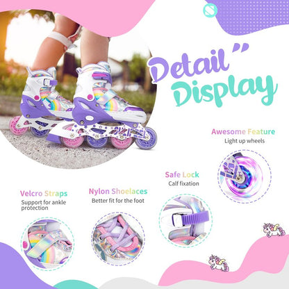 SULIFEEL Rainbow Unicorn Adjustable Inline Skates for Girls Boys and Kids with All Illuminating PU Wheels for Outdoor and Indoor Beginner Skates Purple Medium