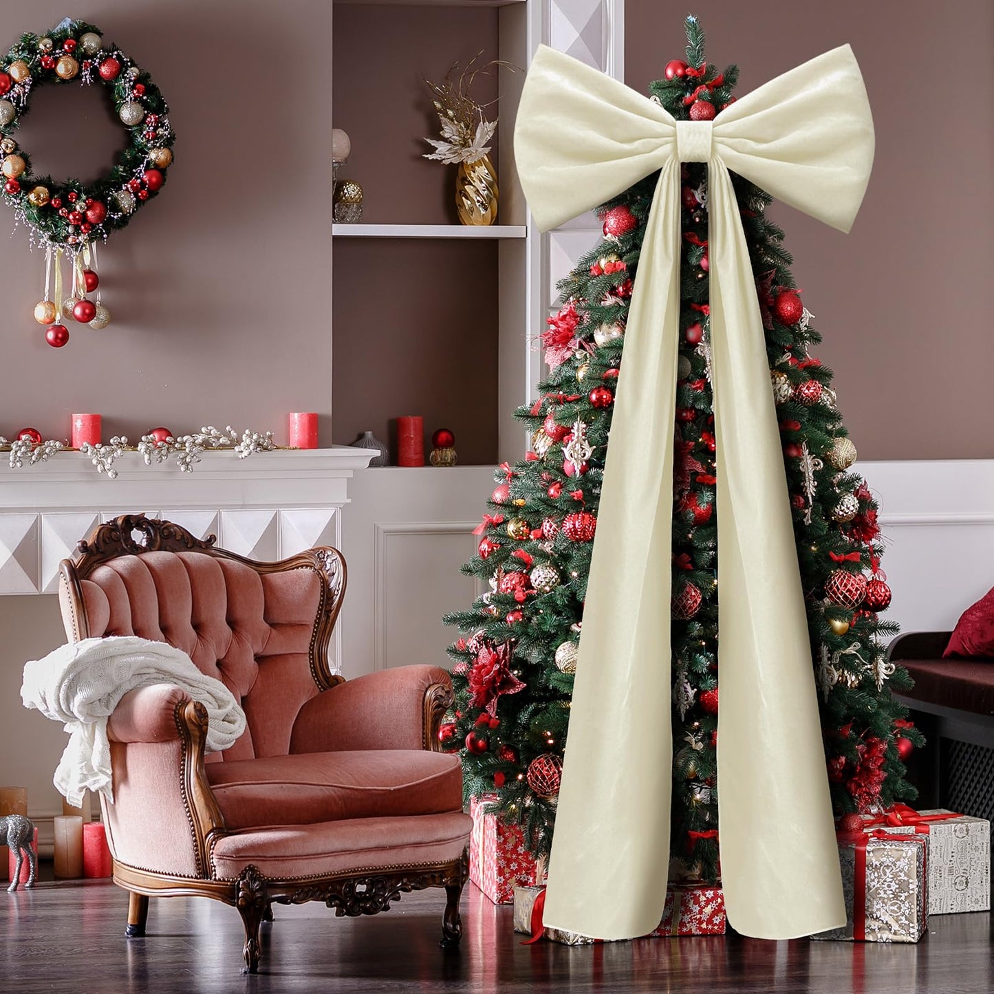 Knitgrip 20 x 71 Inches 1 Pack Christmas Extra Large Velvet Bows Christmas Tree Topper Bow Decor Giant Xmas Front Door Bows with Long Streamers for Home Wreath Wall Backdrop Party (Beige)