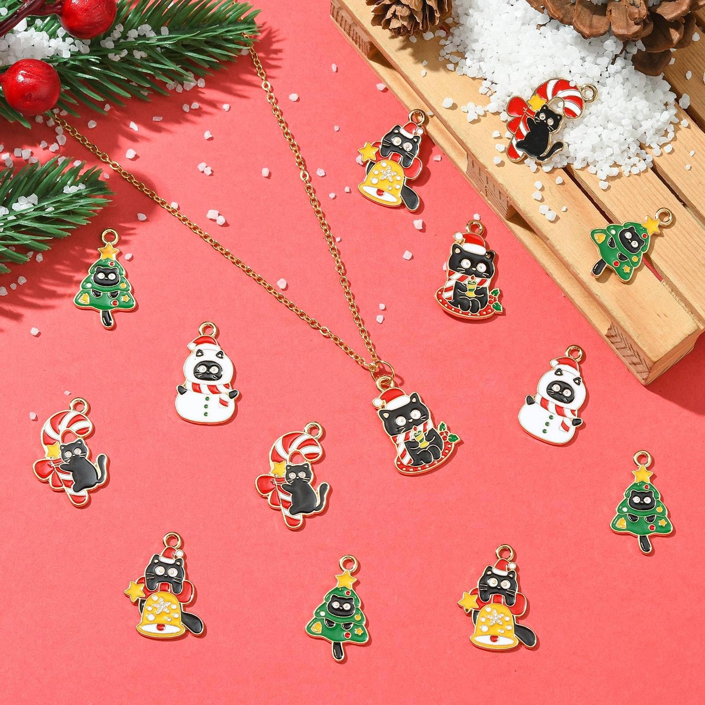LiQunSweet 30 pcs 5 Styles Christmas Cat Theme Alloy Enamel Charms Xmas Tree Bell Snowman Wreath Candy Cane Charms for DIY Jewelry Bracelet Necklace Earring Craft Keychain Bag