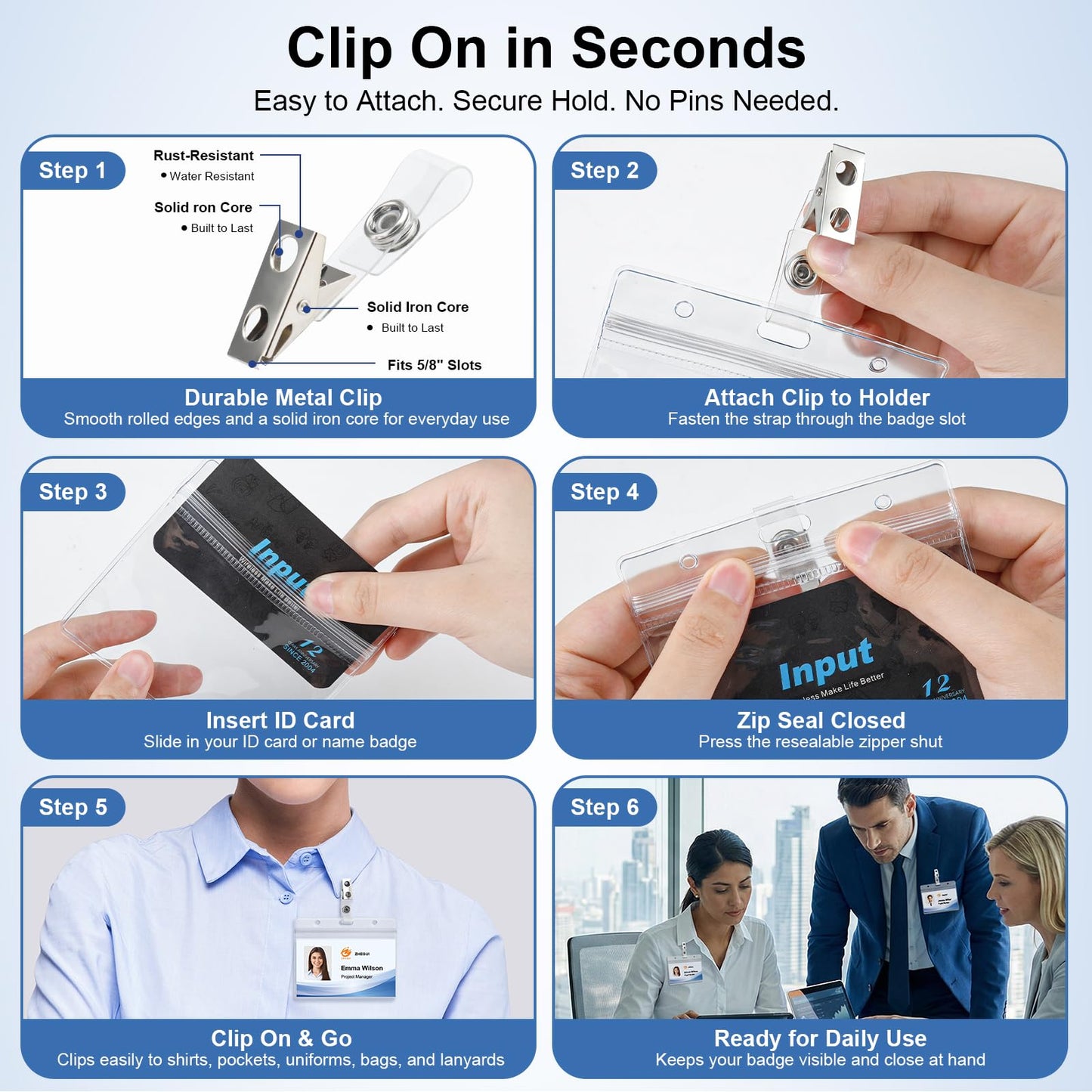 Clear Horizontal 4x3 Name Tag Holders 50 Pack with Metal Clips, Bulk Waterproof PVC ID Badge Holder, Plastic Name Badge Holders for Conferences, Trade Shows, Exhibitions and Company Events