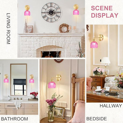 Plug in Wall Sconce, Vintage Sconce Light with Tulip Ruby Red Glass Lampshade, 180° Adjustable Wall Sconce with Switch and Plug in Wall Lamp Cord, Gold Wall Light for Bedroom Bedside
