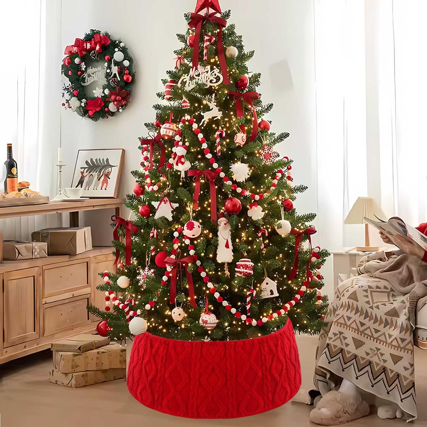 Teeanzo 28 Inch Christmas Tree Collar Red Plush Faux Fur with Crossed Diamond Pattern, Soft Boho Xmas Tree Ring Tree Skirt for Christmas Artificial Trees Holiday Party Home Decor