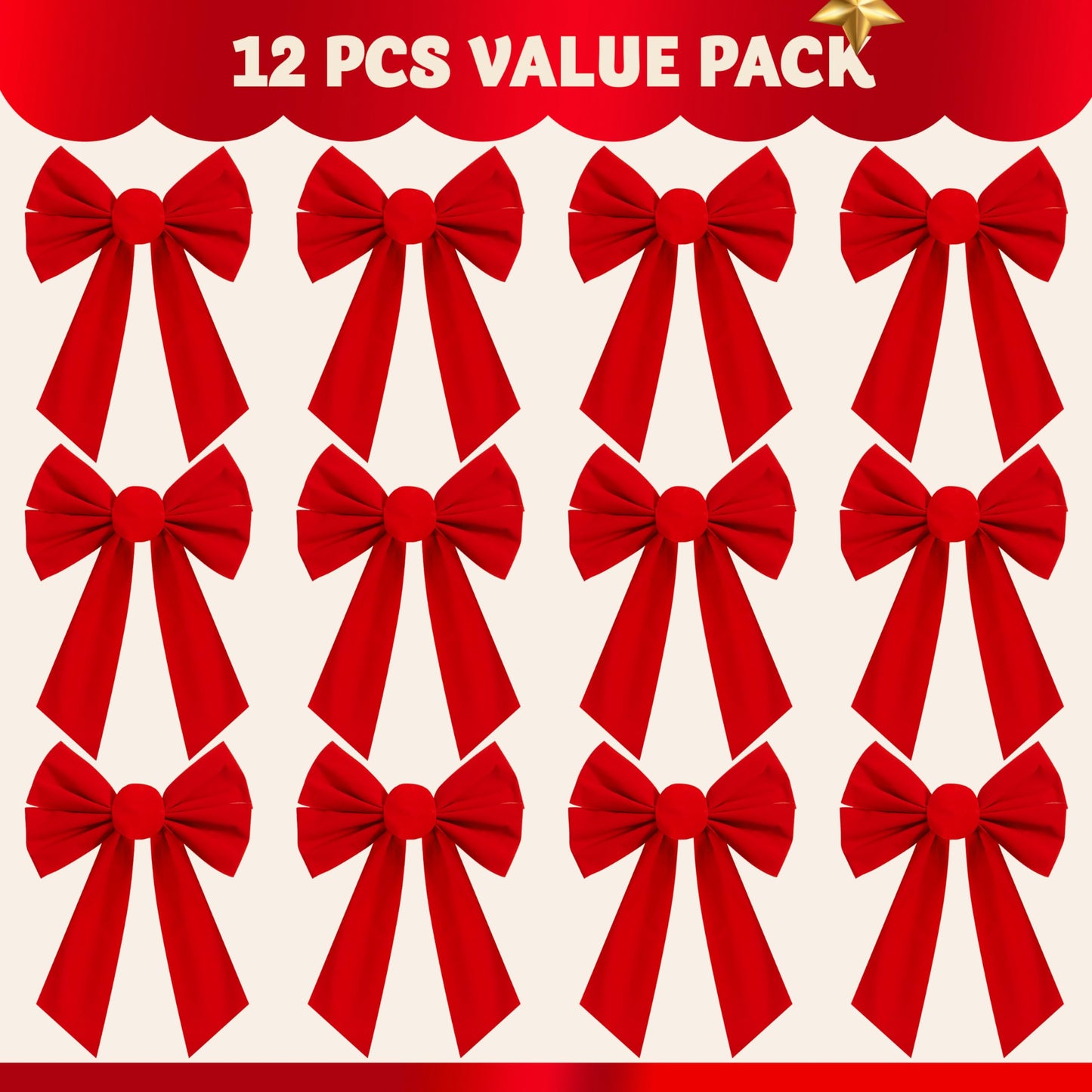 JOYIN 12 Pack Christmas Red Velvet Bows, 13" Long by 9" Wide Decorative Christmas Bows for Wreath Garland Tree Decor, Indoor Outdoor Holiday Decoration