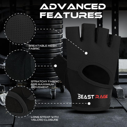 BEAST RAGE Workout Gloves for Men Gym Gloves for Weightlifting Women Fingerless with Palm Protection Padding, Breathable and Lightweight Weight Lifting Glove Cycling Pull Up (Black, S)