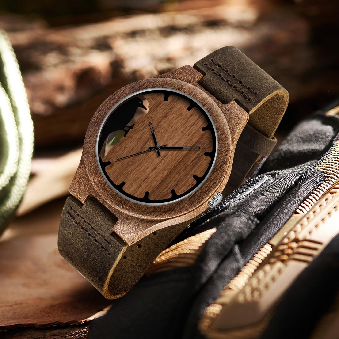Timever Wooden Watches for Men Handmade Unique Design with Leather Strap, Analog Quartz Mens Watch, Gift for Men