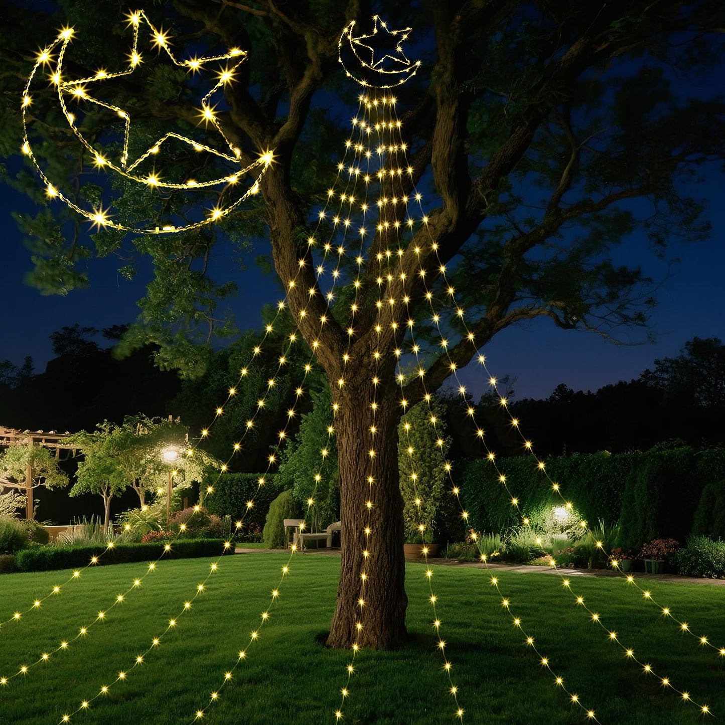 Glooglitter Ramadan Mubarak Eid Moon Star Lights Outdoor Decor 11.5ft Warm LED Waterfall Lights Extension Cord USB Powered for Tree Outside Yard Garden Patio Wall Porch Decorations