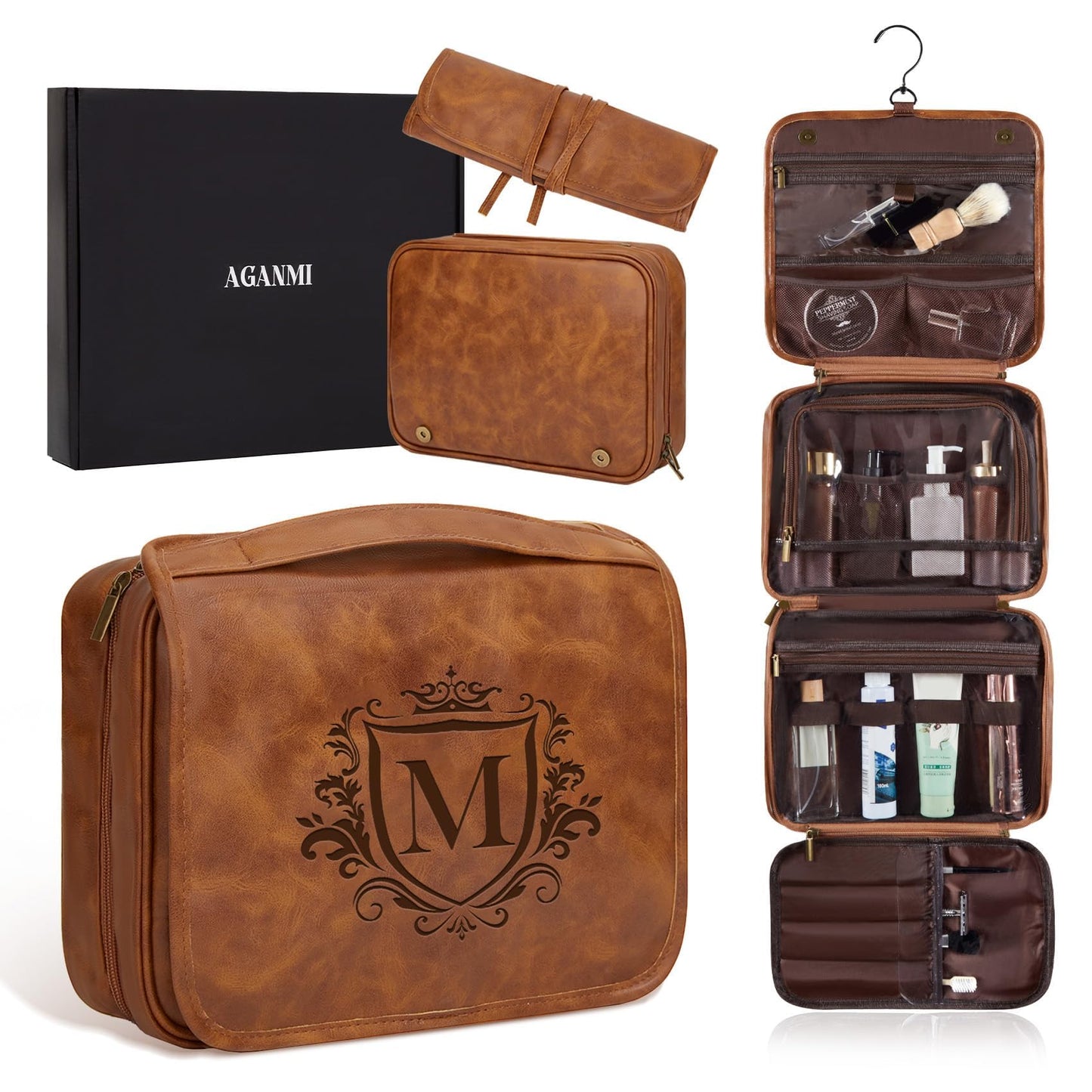 Aganmi Personalized Hanging Toiletry Bag Travel Gifts for Men Him, 3-in-1 Large Laser-Engraved Initial Waterproof PU Leather Shaving Bag Valentines Birthday Gift for Men Dad Husband Light Brown M