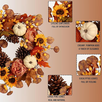Artificial Fall Autumn Wreath 22 in with Sunflower,Peony,Pumpkin, Eucalyptus Leaf for Front Door Thanksgiving Wreaths Wall Window Harvest Festival Celebration