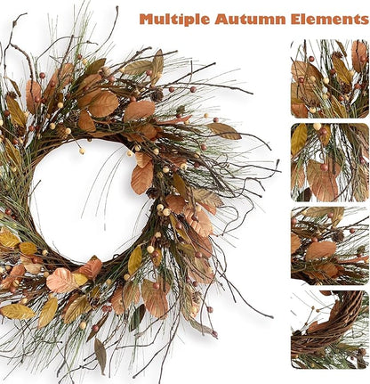 26 Inch Fall Wreath for Front Door Pip Berry Pinecone Autumn Wreath with Pine Needle and Magnolia Leaves, Large Grapevine Wreaths for Fall Door Decor Farmhouse Wall Window Home Decoration