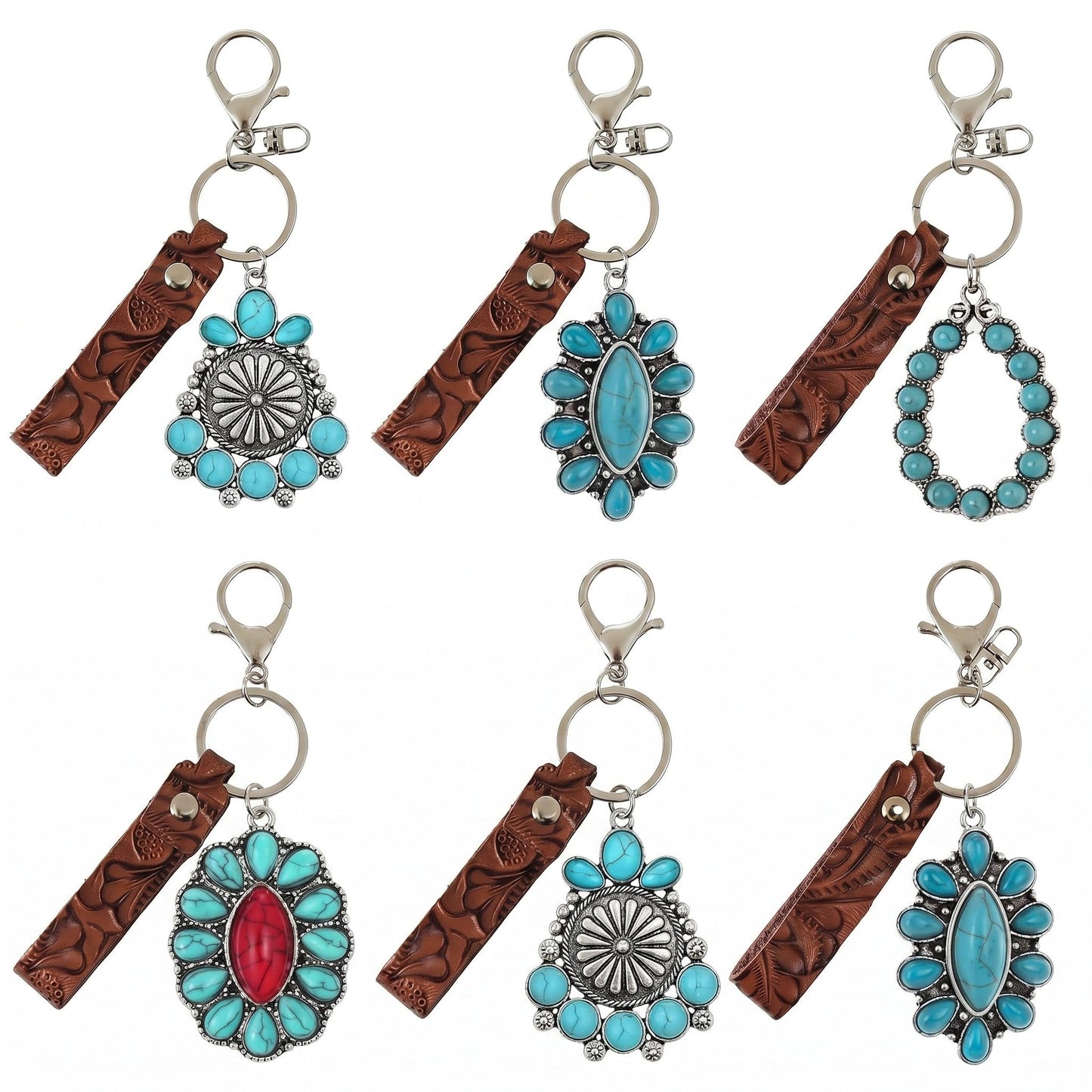 Kigeli 6 Pcs Western Keychain Vintage Embossed Cowhide Keychain Wristlet with Metal Charms Gifts for Women Men Antique PU Leather Key Ring for Keys Wallet Backpack Bag