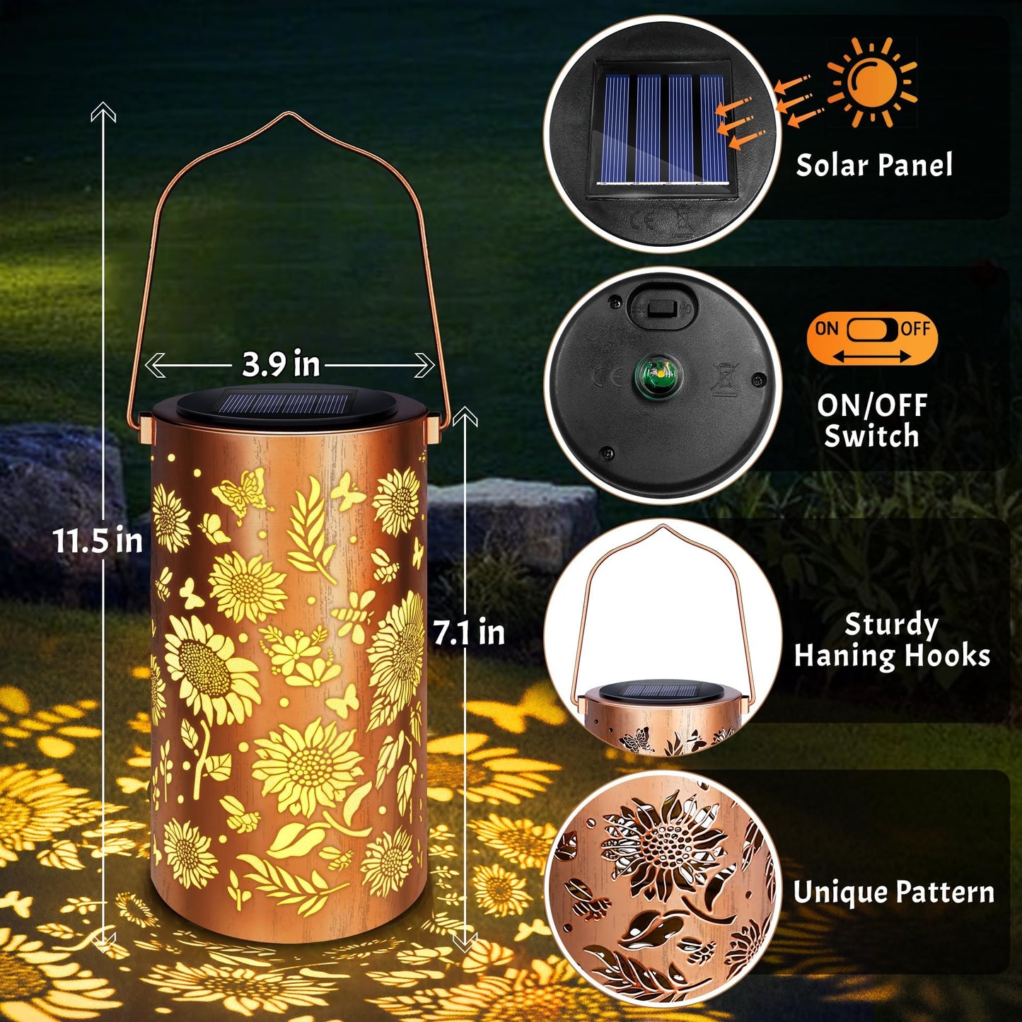 Sunflower Solar Lanterns Outdoor Waterproof, Metal Hanging Solar Garden Light, Decorative Sunflower Shadow Lanterns for Patio Porch Yard, Birthday Gifts for Women Mom Grandma