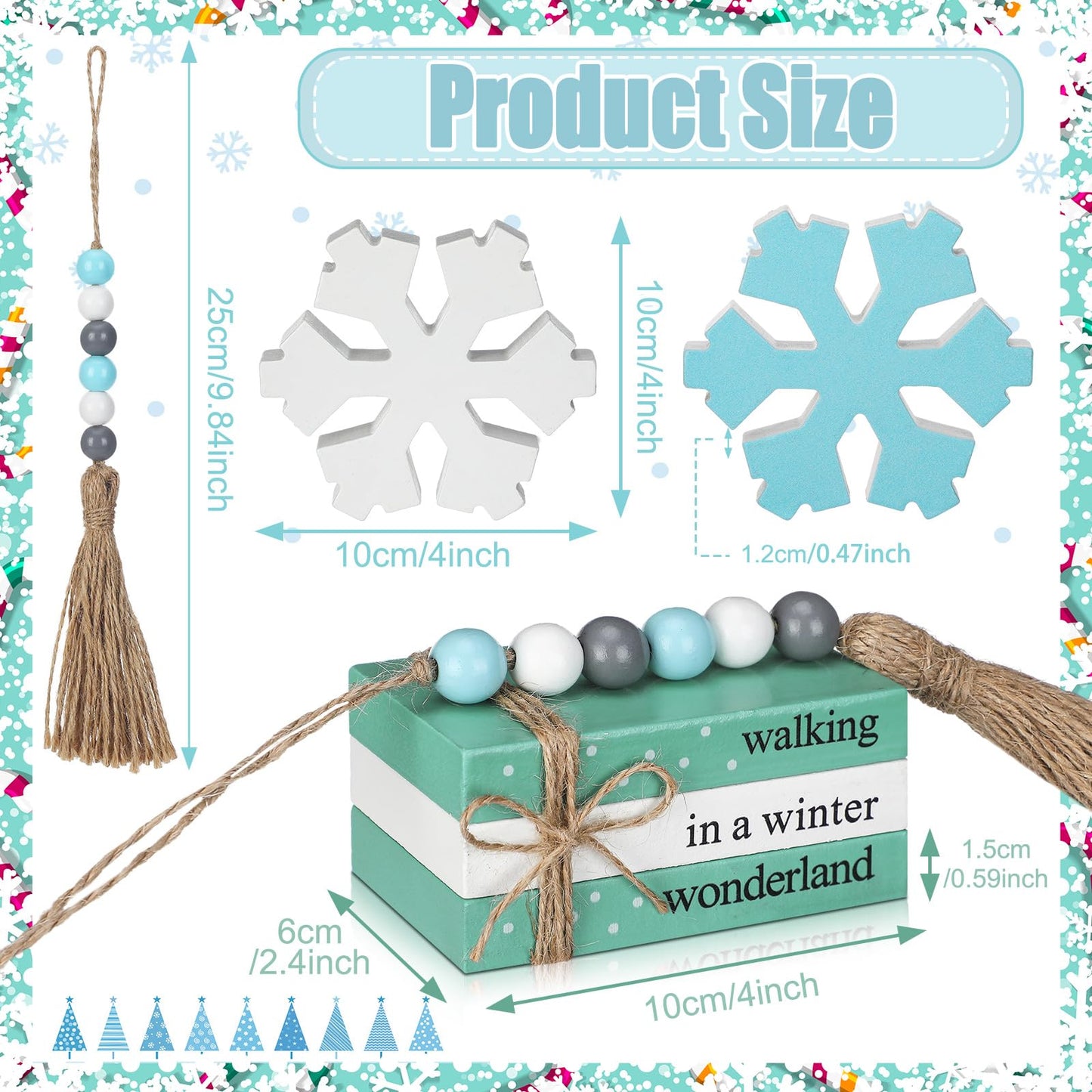 Yalikop 5 Pcs Winter Decor for Home Office Snowflake Wood Sign Blue White Snowflake Table Centerpiece Faux Books Bundle with Twine Beads String for Winter Decorations Wonderland Tiered Tray Decor