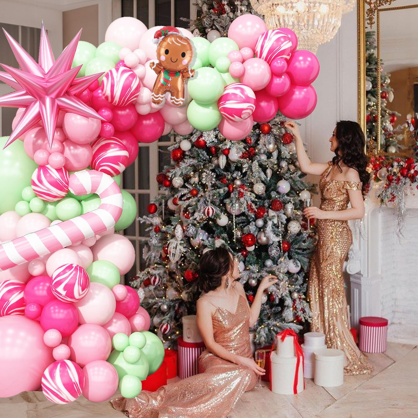 Christmas Balloon Arch Pink Green Balloons Garland Candy Cane Crutch Foil Balloons Explosion Star Xmas Pastel Agate Hot Pink Latex Helium Balloon Gingerbread Man New Year Birthday Party Decorations