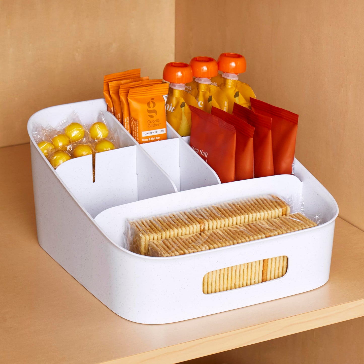 YouCopia ShelfBin Packet Organizer, 4-Tier Stairstep Raised Divided Bin, BPA-Free Storage Caddy for Kitchen Pantry and Cabinet Organization, Tea Bags, Medicine, and More