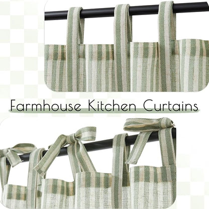 jinchan Tie Top Linen Kitchen Curtains 36 Inches Striped Tier Curtains Farmhouse Modern Cafe Style Small Window Treatments Airy Light Filtering Rod Pocket for Living Room Bathroom 2 Panels Sage Green