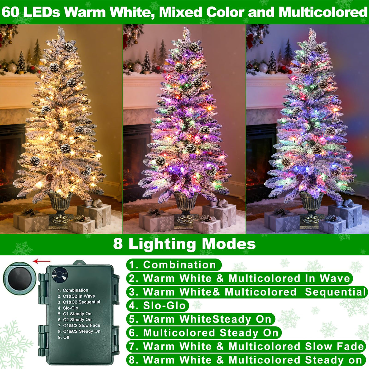 2 Pack 4 Ft Snow Flocked Christmas Entrance Tree in Pot Base with Timer 8 Mode 60 Warm White and Colorful Change Lights 12 Pine Cone Battery Operated for Porch Front Door Entryway Home