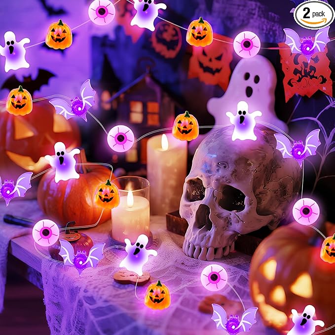 Halloween String Lights, 16 ft 50 LED Pumpkin Bat Eyes Ghost Battery Operated Lights for Lawns Garden Outdoor Holiday Party Halloween Decorations (2 Pack)