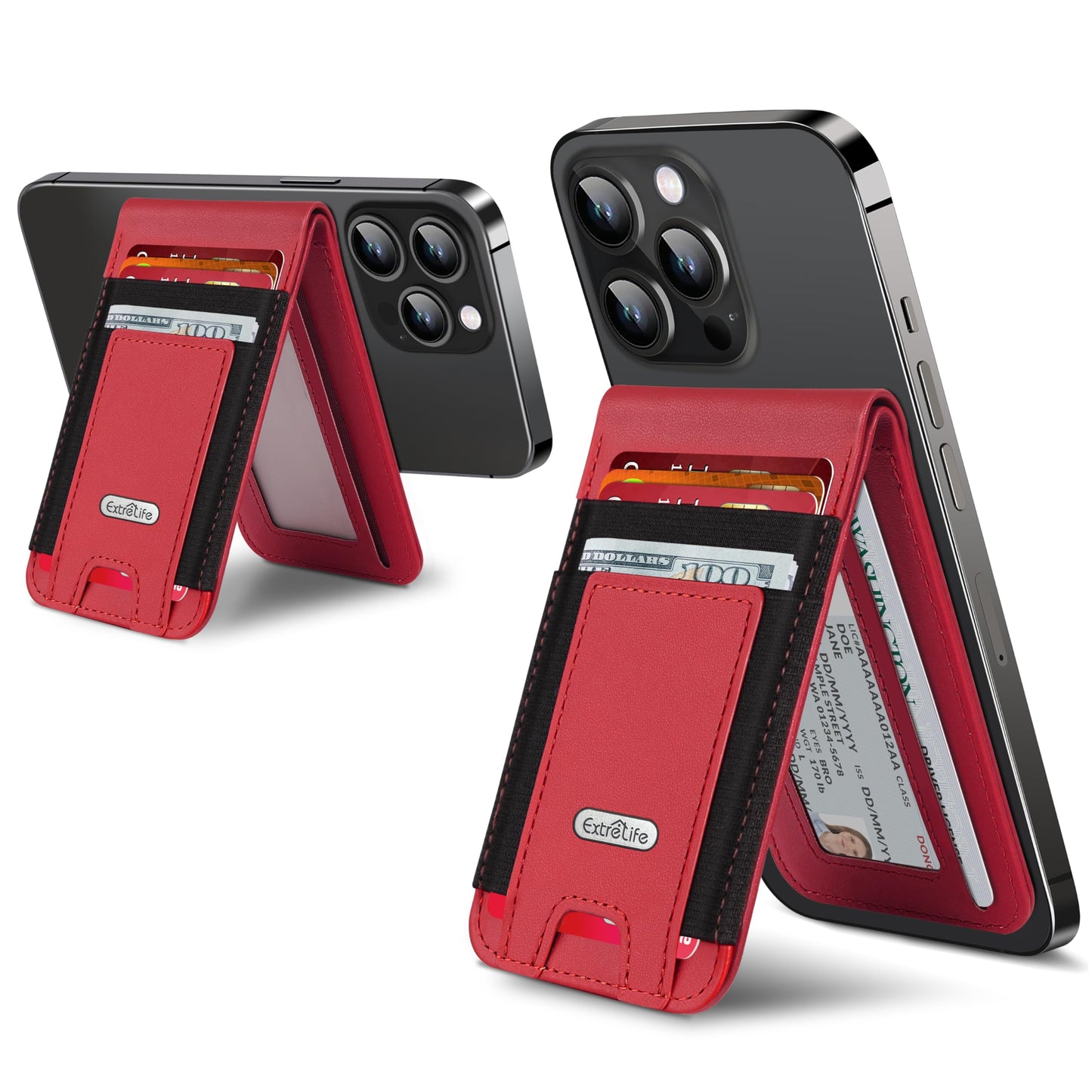 For Magsafe Wallet Stand, Strongest Magnetic Wallet for iPhone 17/16/15/14/13/12 Series, Magnetic Card Holder with Adjustable Stand, ID Window, 10 Cards Holder, Vegan Leather, RFID Blocking, Red