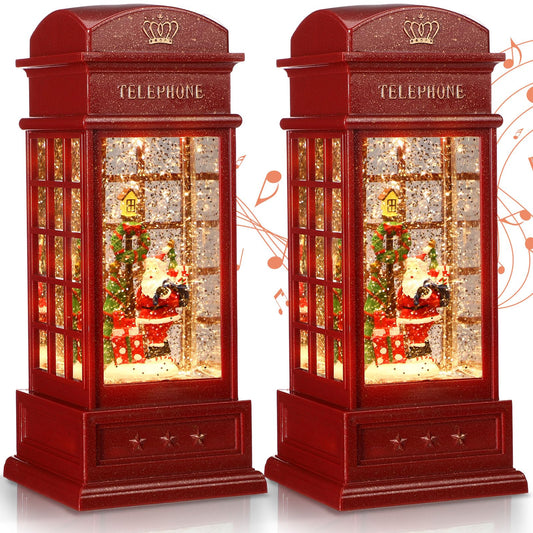 Riakrum 2 Pcs Christmas Snow Globe Lantern Phone Booth 9.8 Inch Battery or USB Operated Red Glitter Musical Singing and Lighted Water Night Light Centerpiece for Xmas Party Decoration