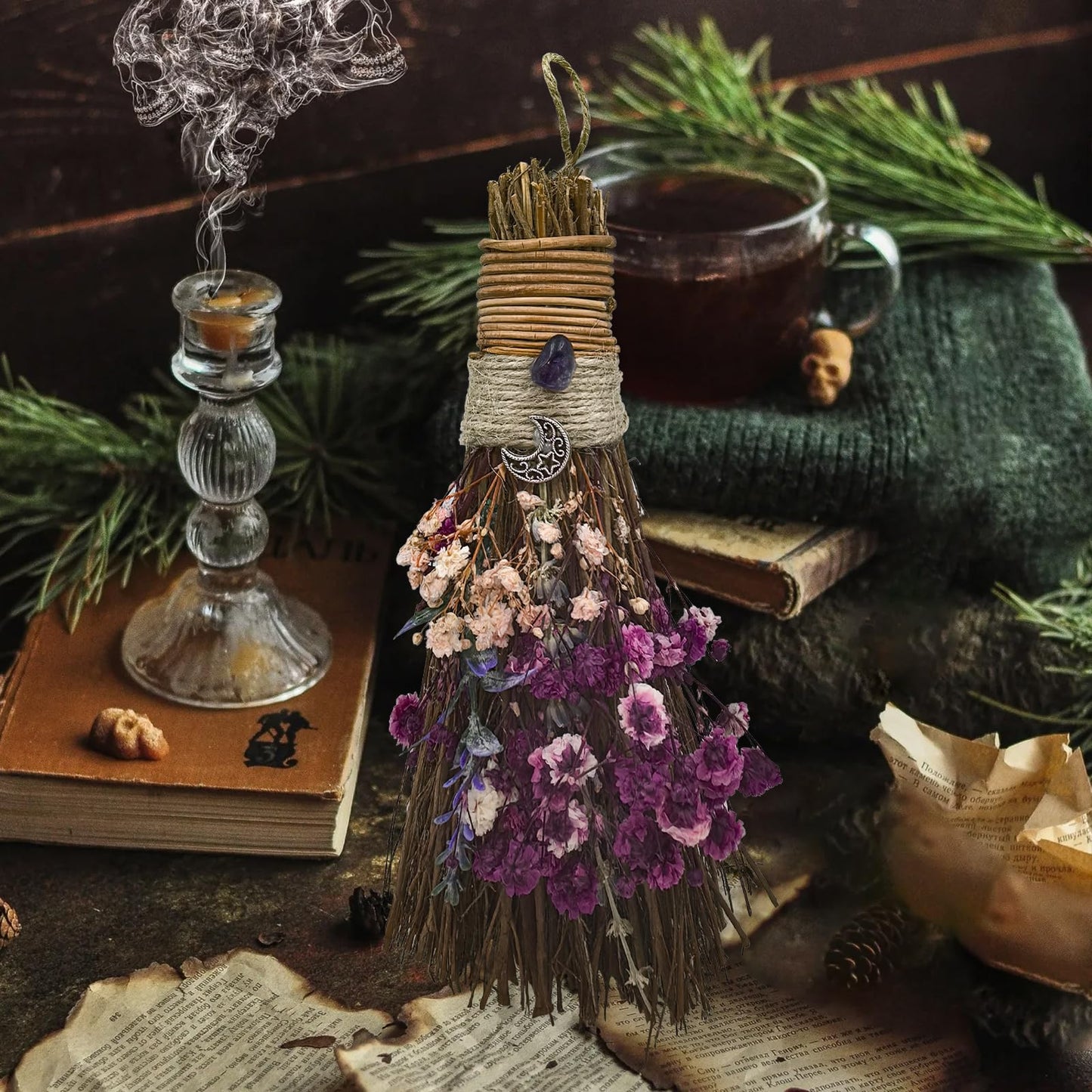 Teeloray Cinnamon Broom 7.5 Inch Witch Broom for Altar Magic Crystal Handmade Mini Cinnamon Broomstick Scented Natural Herbal Protection Witchcraft Supplies for Wiccan Décor Witchy Gifts (Purple)